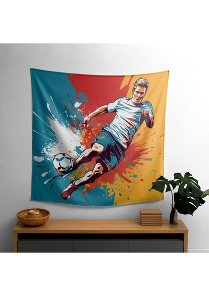 Pop Art Futbol Oyuncu Duvar Örtü - %100 Pamuk Sırt, Canlı Süblimasyon Baskı, Yatak Odası,