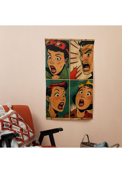 Popart Tarzı Çizgi Roman Duvar Örtüsü - Süblimasyon Baskılı Canlı %100 Pamuk Destekli Duvar