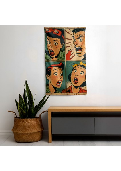 Popart Tarzı Çizgi Roman Duvar Örtüsü - Süblimasyon Baskılı Canlı %100 Pamuk Destekli Duvar