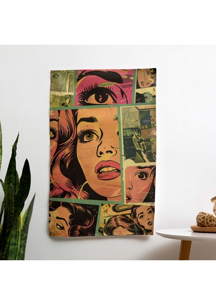 Popart Tarzı Retro Çizgi Roman Panelleri Duvar Örtüsü - %100 Pamuk Sırtlı, Canlı Renkler,