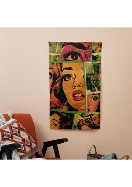 Popart Tarzı Retro Çizgi Roman Panelleri Duvar Örtüsü - %100 Pamuk Sırtlı, Canlı Renkler,