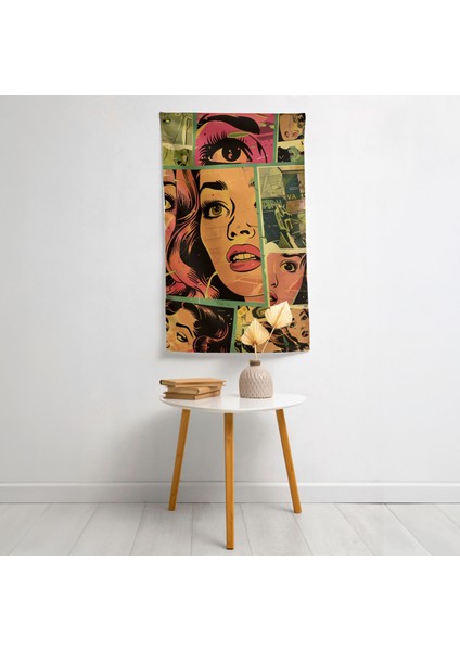 Popart Tarzı Retro Çizgi Roman Panelleri Duvar Örtüsü - %100 Pamuk Sırtlı, Canlı Renkler,