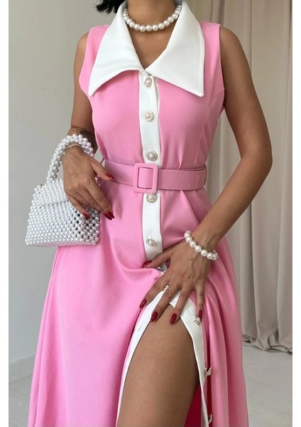 Pembe Geniş Yakalı Halter Kollu Elbise