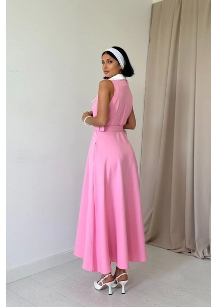 Pembe Geniş Yakalı Halter Kollu Elbise