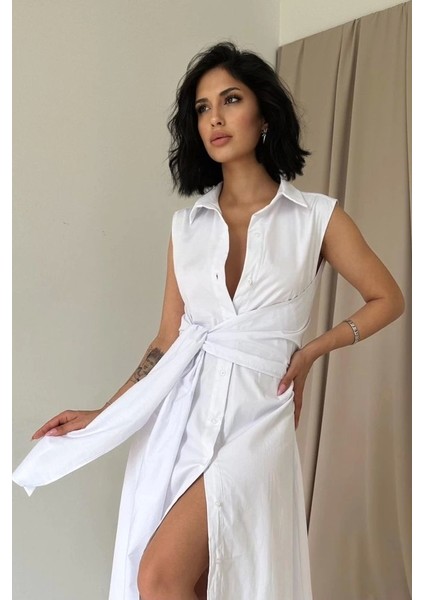 Beyaz Gömlek Yaka Bağlamalı Elbise