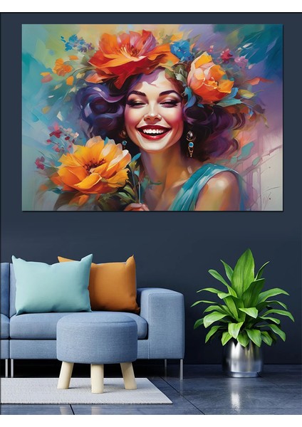 Çiçekli Kadın Dekoratif Kanvas - Mdf Ahşap Tablo