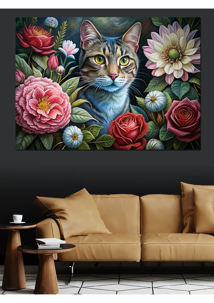 Çiçekler ve Kedi Dekoratif Kanvas - Mdf Ahşap Tablo fiyatları