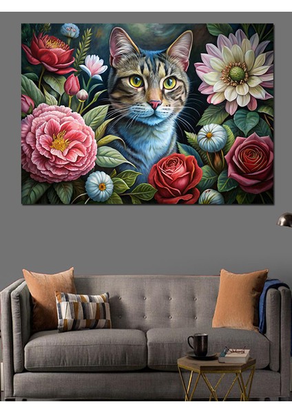 Çiçekler ve Kedi Dekoratif Kanvas - Mdf Ahşap Tablo fırsatları