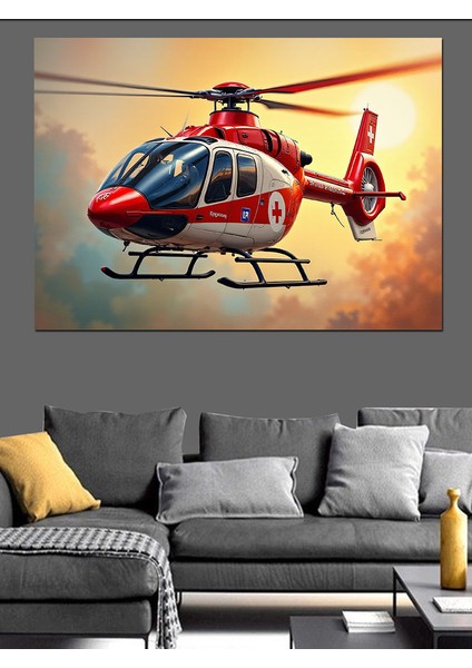 Havada Helikopter Dekoratif Kanvas - Mdf Ahşap Tablo