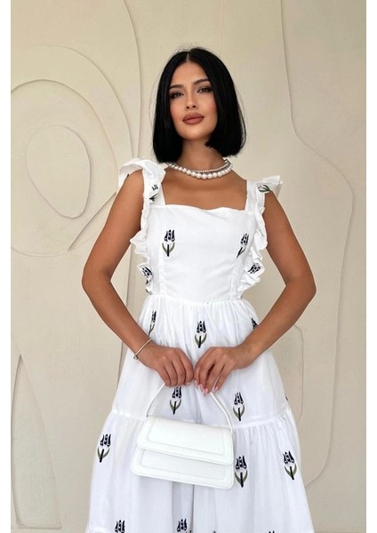Lacivert Sıfır Kol Fırfırlı Elbise