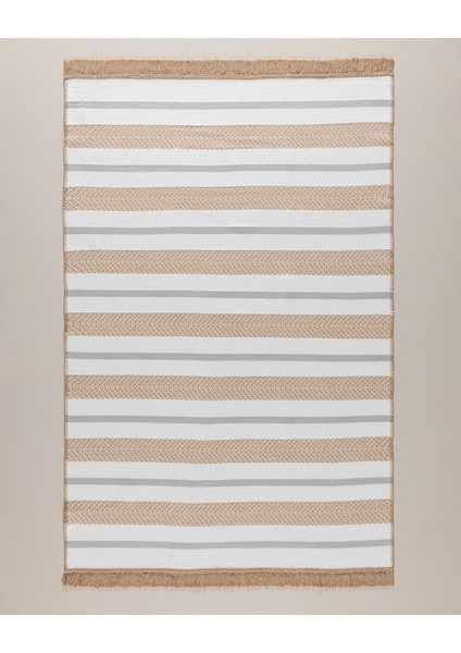 Serein Pamuklu Saçaklı Dokuma Kilim - Bej/gri - 120X180 cm