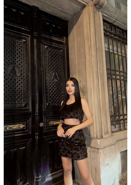 Püskül Payet Crop Bluz-Kısa Etek Takım - Siyah