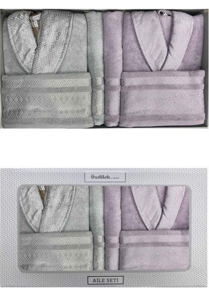 Lila ve gri renklerde pamuklu 6 parçalı rahat aile bornoz seti