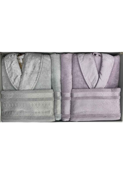 Lila ve gri renklerde pamuklu 6 parçalı rahat aile bornoz seti fiyatları