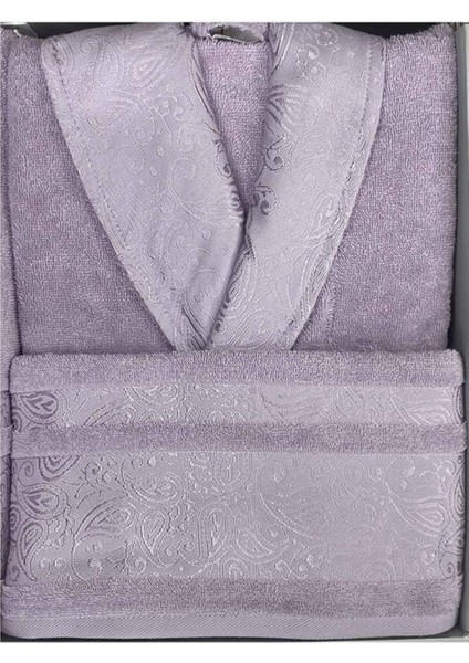Lila ve gri renklerde pamuklu 6 parçalı rahat aile bornoz seti modelleri