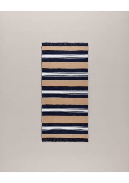 Rosée Pamuklu Saçaklı Dokuma Kilim - Bej/lacivert - 60X100 cm