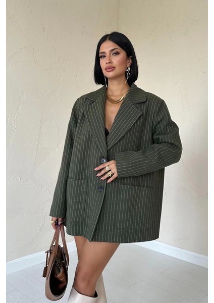 Haki Çizgili Oversize Ceket