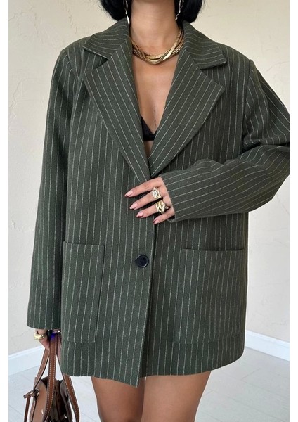 Haki Çizgili Oversize Ceket