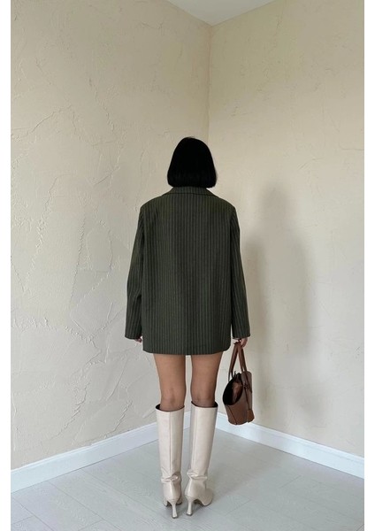 Haki Çizgili Oversize Ceket