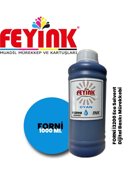 ® Forni Ecosolvent Dijital Baskı Mürekkebi Epson İ3200 Kafa Uyumlu Cyan (Mavi) -1000ML-