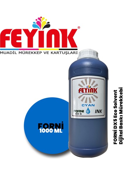 ® Forni Ecosolvent Dijital Baskı Mürekkebi Epson Dx5 Kafa Uyumlu Cyan (Mavi) -1000ML-