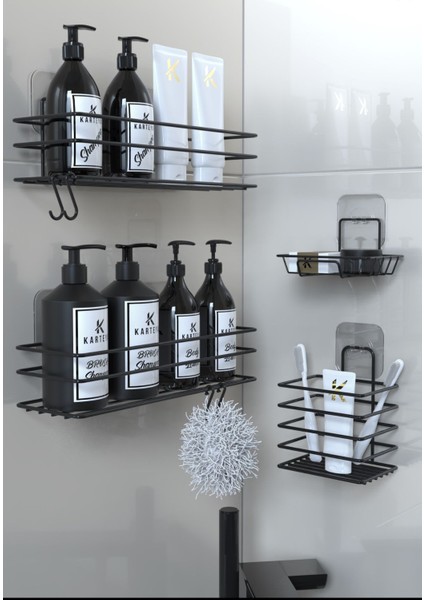 Yapışkanlı Siyah Metal Banyo Rafı 4'lü Düzenleyici Set
