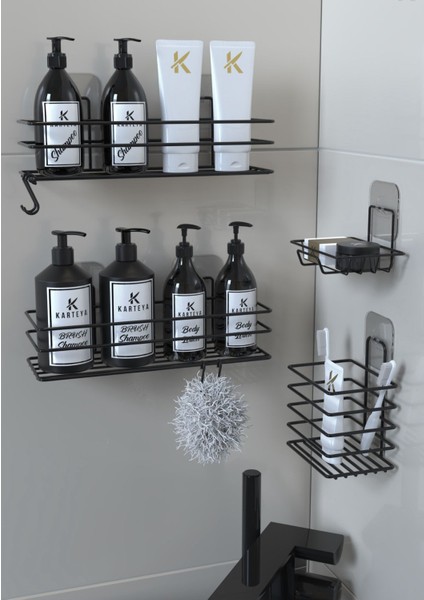 Yapışkanlı Siyah Metal Banyo Rafı 4'lü Düzenleyici Set modelleri