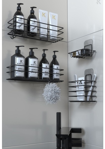 Yapışkanlı Siyah Metal Banyo Rafı 4'lü Düzenleyici Set fırsatları