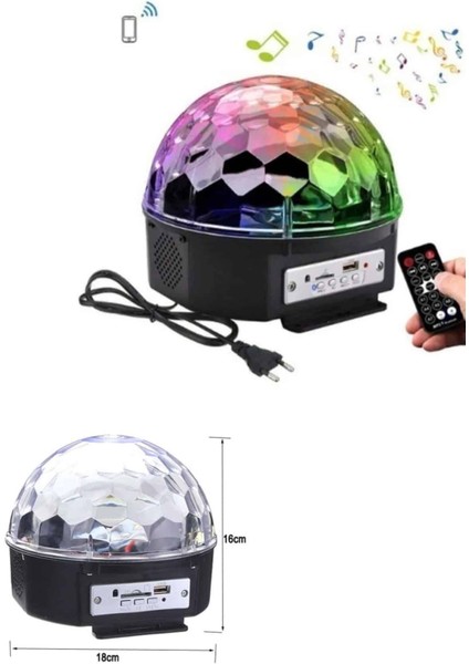 LED Işık Disko Topu Bluetooth Hoparlörlü USB Müzik Çalar Kumandalı
