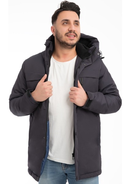 Erkek Lacivert Içi Polarlı Kürklü Su ve Rüzgar Geçirmez Kapüşonlu Kışlık Mont & Kaban & Parka