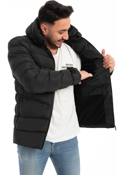 Erkek Siyah Kapüşonlu Içi Polarlı Kürklü Su Geçirmez Rüzgara Dayanıklı Şişme Mont Kaban Parka modelleri