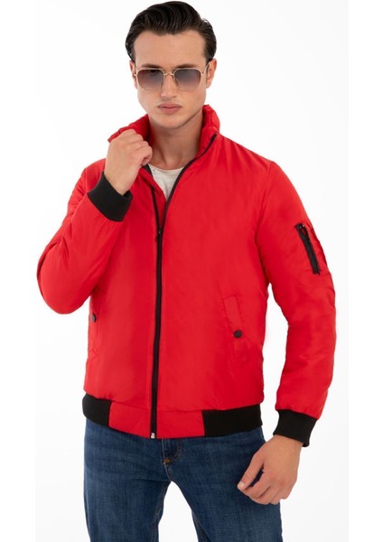 Erkek Kırmızı Içi Astarlı Dik Yaka Mevsimlik Cepli Su ve Rüzgar Geçirmez Mont