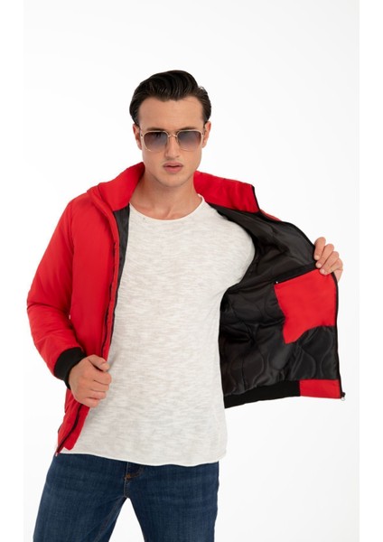 Erkek Kırmızı Içi Astarlı Dik Yaka Mevsimlik Cepli Su ve Rüzgar Geçirmez Mont modelleri