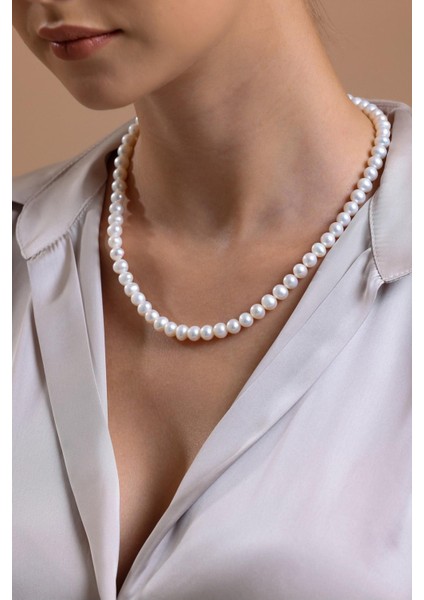 14 Ayar Altın 7 mm Sıralı Doğal İnci Küpe Kolye İkili Set BVRTZ107496Z107509 modelleri