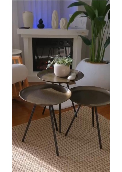 He Dizayn Aksesuar Tripod 3’lü Metal Tepsili Sehpa