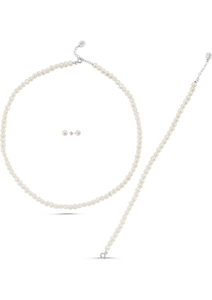 925 Ayar Gümüş 4 mm Doğal Inci Sıralı Kolye Bileklik Küpe Üçlü Set BVRTST05983ST14100ST09354