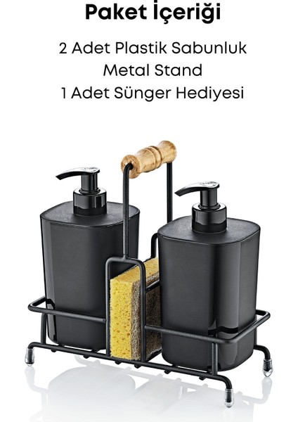Metal Standlı Siyah Begonya Bulaşık Deterjanı ve Sıvı Sabunluk Mutfak Seti-Sünger Hediyeli