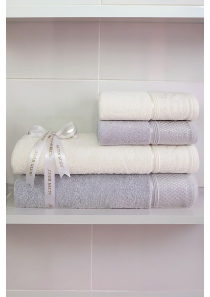 Gri krem renkli yumuşak ve hafif pamuklu banyo havlusu seti