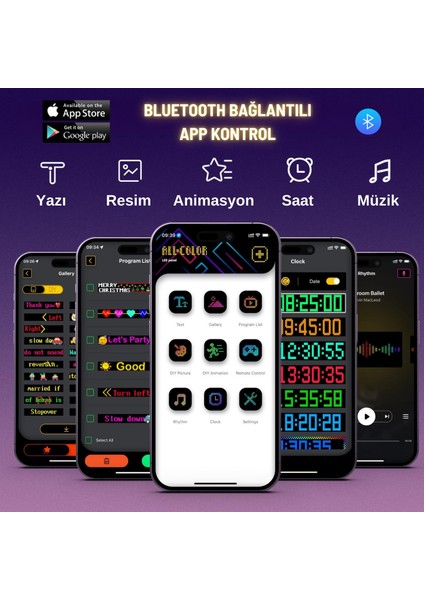 Rgb LED Matrix Panel Dijital Ekran 37X9 cm App Kontrollü Kumandalı 16X64 LED Animasyon Kayan Ekran modelleri