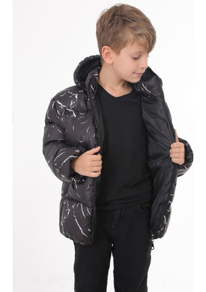 Erkek Çocuk Siyah Çıkabilir Kapüşonlu Su ve Rüzgar Geçirmez Cepli Kışlık Şişme Mont & Kaban & Parka