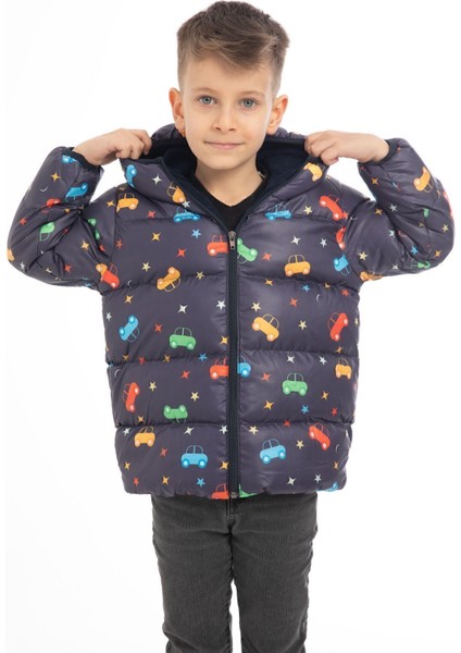 Erkek Çocuk Içi Polarlı Kapüşonlu Araba Yıldız Ay Desenli Kışlık Şişme Mont & Kaban & Parka