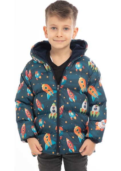 Erkek Çocuk Içi Polarlı Kapüşonlu Roket Desenli Kışlık Şişme Mont & Kaban & Parka