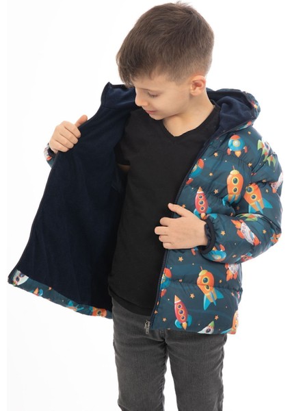 Erkek Çocuk Içi Polarlı Kapüşonlu Roket Desenli Kışlık Şişme Mont & Kaban & Parka modelleri