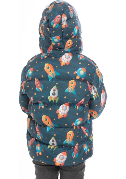 Erkek Çocuk Içi Polarlı Kapüşonlu Roket Desenli Kışlık Şişme Mont & Kaban & Parka fırsatları