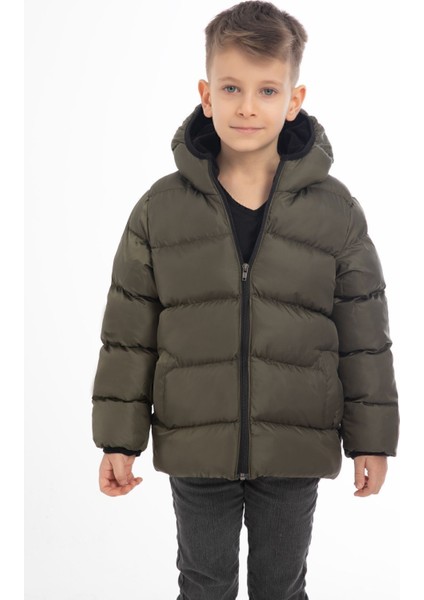 Erkek Çocuk Haki Içi Polarlı Kapüşonlu Su Geçirmez Rüzgara Dayanıklı Cepli Şişme Kışlık Mont