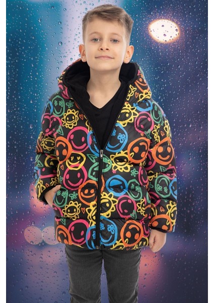 Erkek Çocuk Gülen Emoji Içi Polarlı Kürklü Su ve Rüzgar Geçirmez Kapüşonlu Cepli Kışlık Şişme Mont