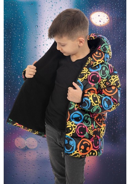 Erkek Çocuk Gülen Emoji Içi Polarlı Kürklü Su ve Rüzgar Geçirmez Kapüşonlu Cepli Kışlık Şişme Mont fiyatları