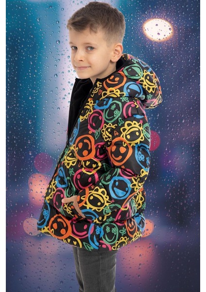 Erkek Çocuk Gülen Emoji Içi Polarlı Kürklü Su ve Rüzgar Geçirmez Kapüşonlu Cepli Kışlık Şişme Mont modelleri