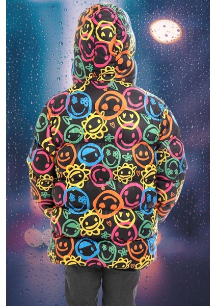 Erkek Çocuk Gülen Emoji Içi Polarlı Kürklü Su ve Rüzgar Geçirmez Kapüşonlu Cepli Kışlık Şişme Mont fırsatları