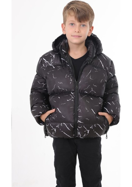 Erkek Çocuk Siyah Çıkabilir Kapüşonlu Su ve Rüzgar Geçirmez Cepli Kışlık Şişme Mont & Kaban & Parka